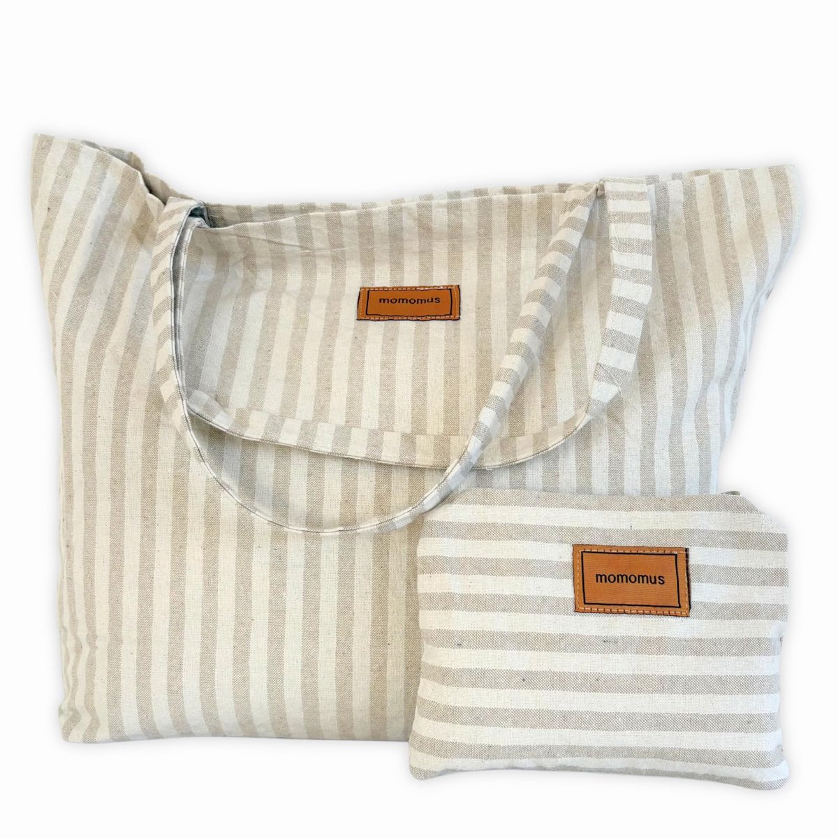 SnelShoppen - MOMOMUS Strandtas XXL - 100% Gerecycled Katoen - Grote Beige Strandtas met Bijpassende Handtas en Opvouwbaar - Ideaal voor Zomer, Zwemba