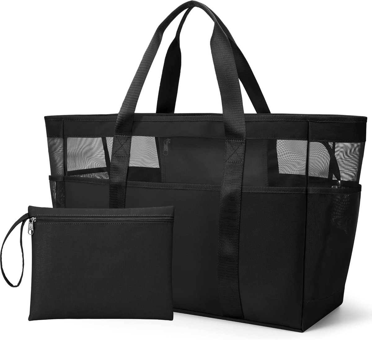SnelShoppen - Grote strandtas met ritssluiting, lichtgewicht mesh draagtas voor reizen, zwembad, sportschool, picknick, boodschappentas L, ideaal voor