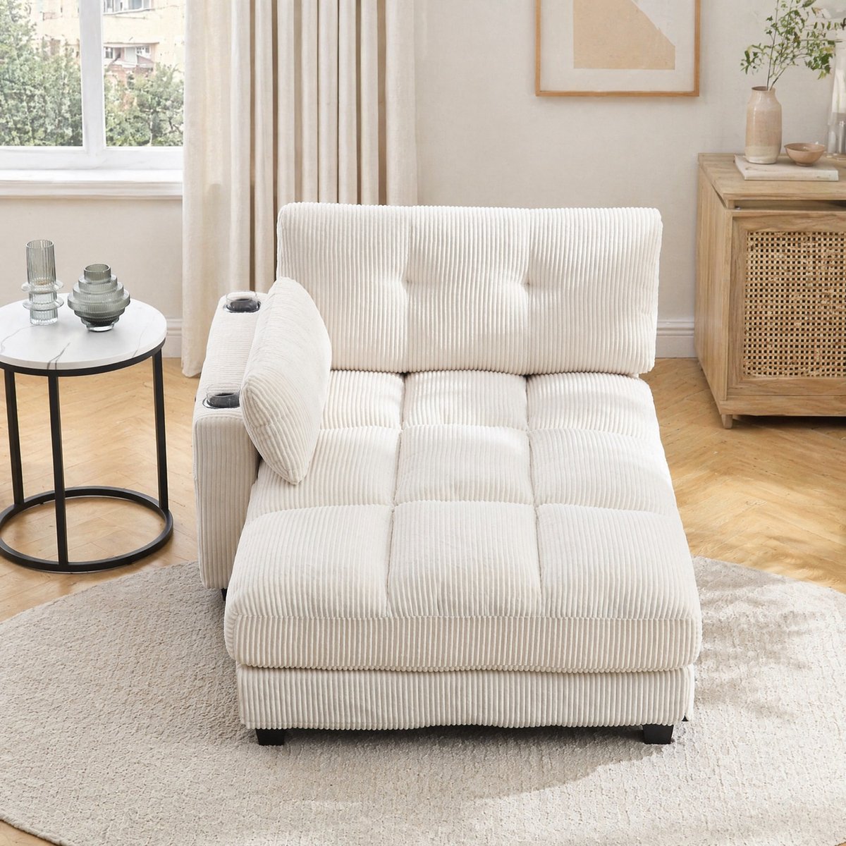 COVREO Relaxfauteuil 140 x 112 x 81 cm - beige corduroy, USB-poort, 2 bekerhouders