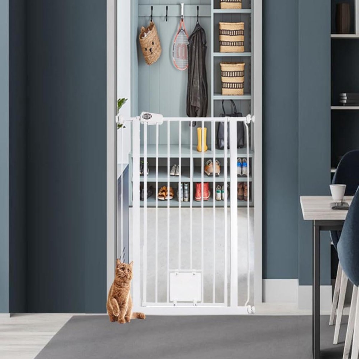 Extra Hoog Hek - Huisdierenhek Kattenluik - Veiligheid Huisdieren - Zonder Boren - 100.8cm - 108.4cm - Wit