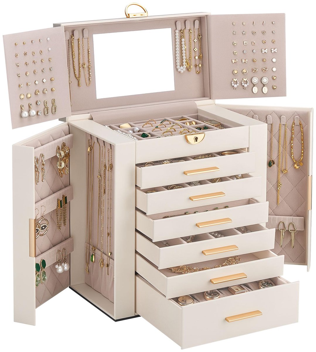 SnelShoppen - Lolalet Sieradenkistje Groot met Spiegel - Beige Juwelenkistje met 7 Etages voor Oorbellen, Kettingen, Ringen en Horloges - Perfect voor