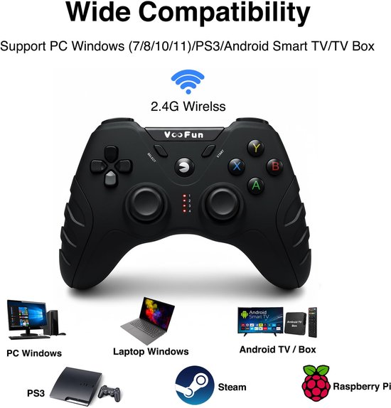 SnelShoppen - Draadloze VooFun Controller PC Gamepad, 2.4G PS3 Joystick met Dual Shock voor PC, Windows, Laptop, Steam, Raspberry Pi en Android TV Box