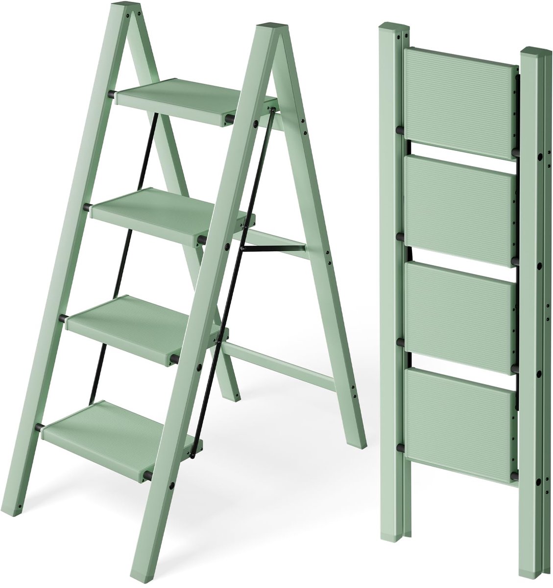 SnelShoppen - Trapladder 4 Treden Inklapbaar, Lichtgroen Aluminium, 150 kg Capaciteit, Anti-Slip Pedaal, Draagbare Opstapkruk voor Binnen en Buiten, E