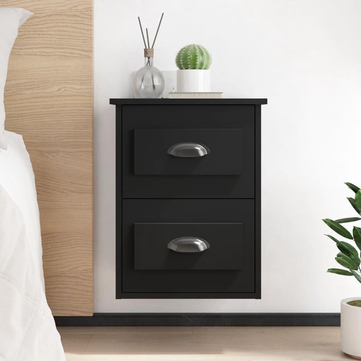 Hangend Nachtkastje - Wandkastje Laden - Opbergen Slaapkamer - Met Tafelblad - 415 x 36 x 53 cm - Zwart