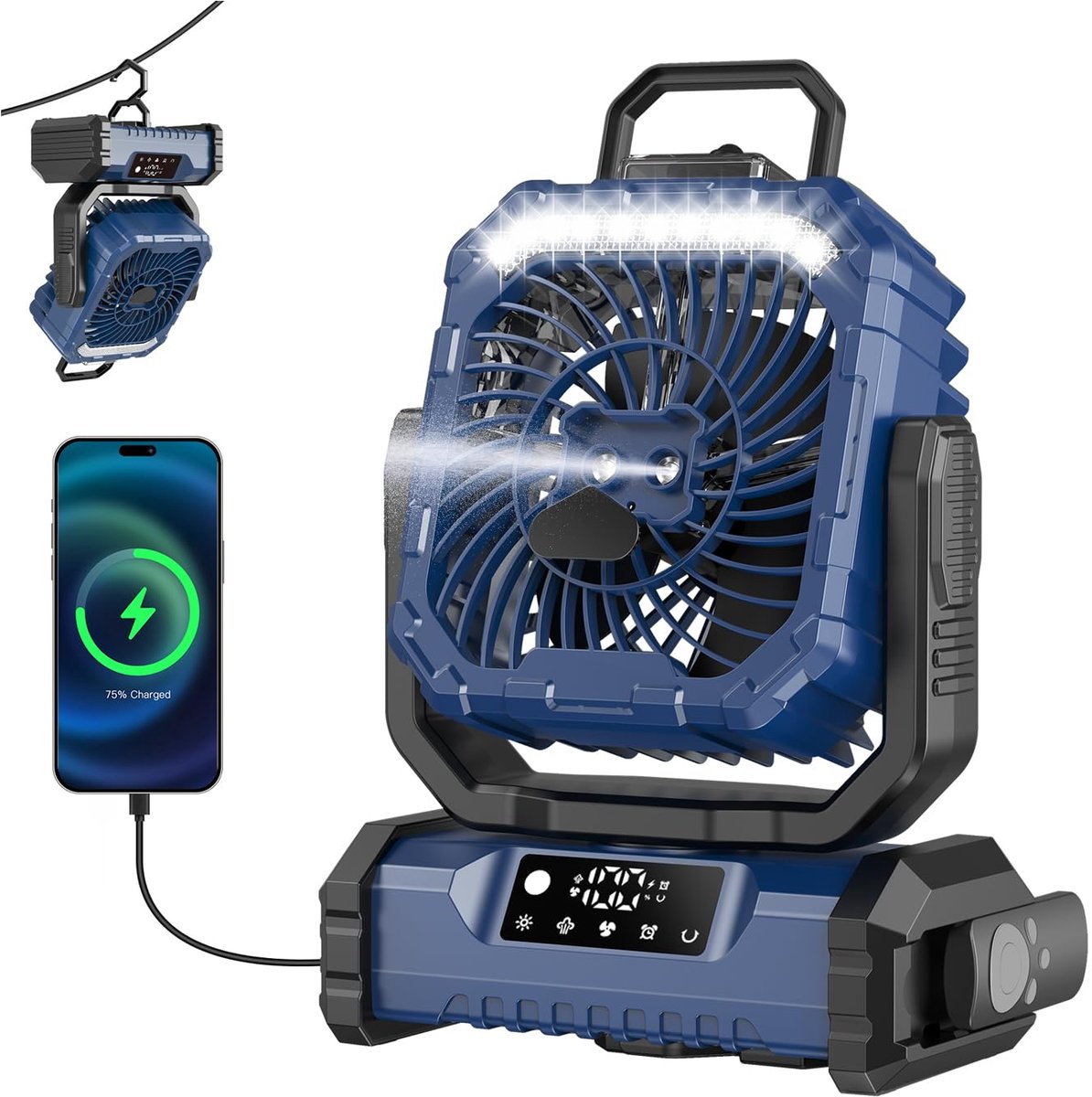 SnelShoppen - 20000mAh Draagbare Mistventilator met Licht, 90° Oscillerend, Oplaadbare Campingventilator voor Tent, Camper, Barbecue, Reizen, Stil, 29