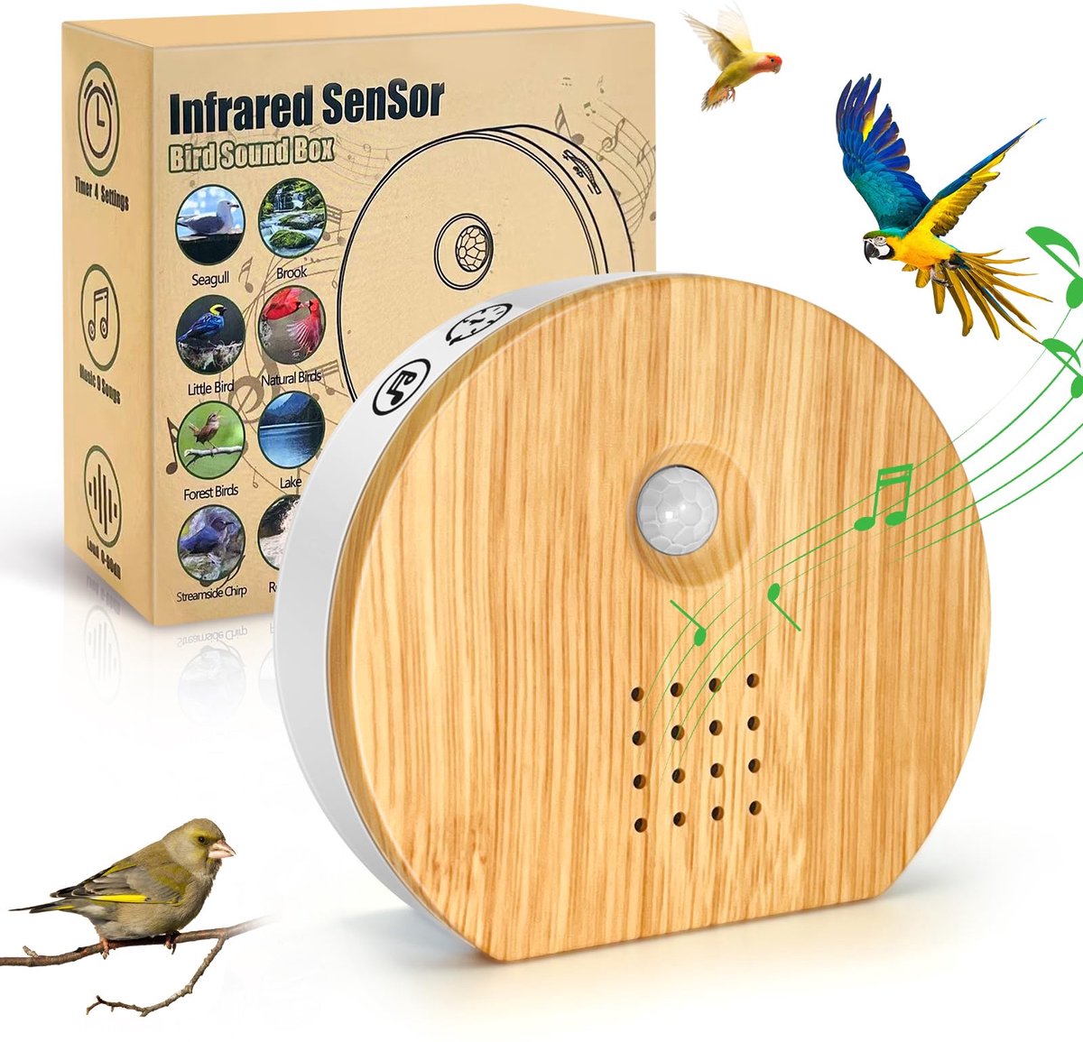SnelShoppen - Natuurlijke Vogelgeluidsbox met Bewegingssensor en Timer, Decoratieve Vogelgezangbox met 9 Liedjes voor Ontspanning in Badkamer, Spa, To