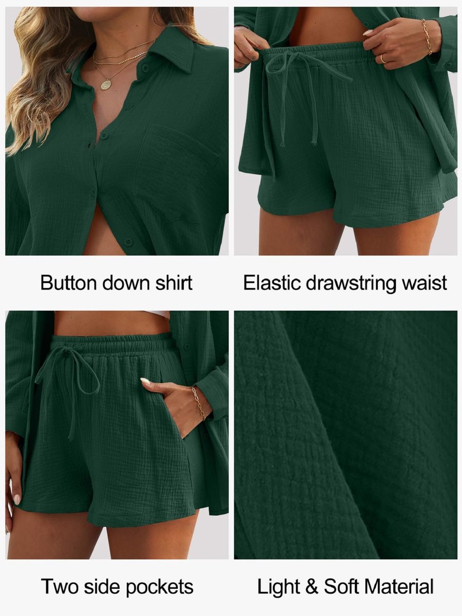 SnelShoppen - 2-delige Katoen Linnen Outfits voor Vrouwen - Zomer Button Down Lange Mouw Shirt Top en Trekkoord Short - Casual Loungewear Trainingspak