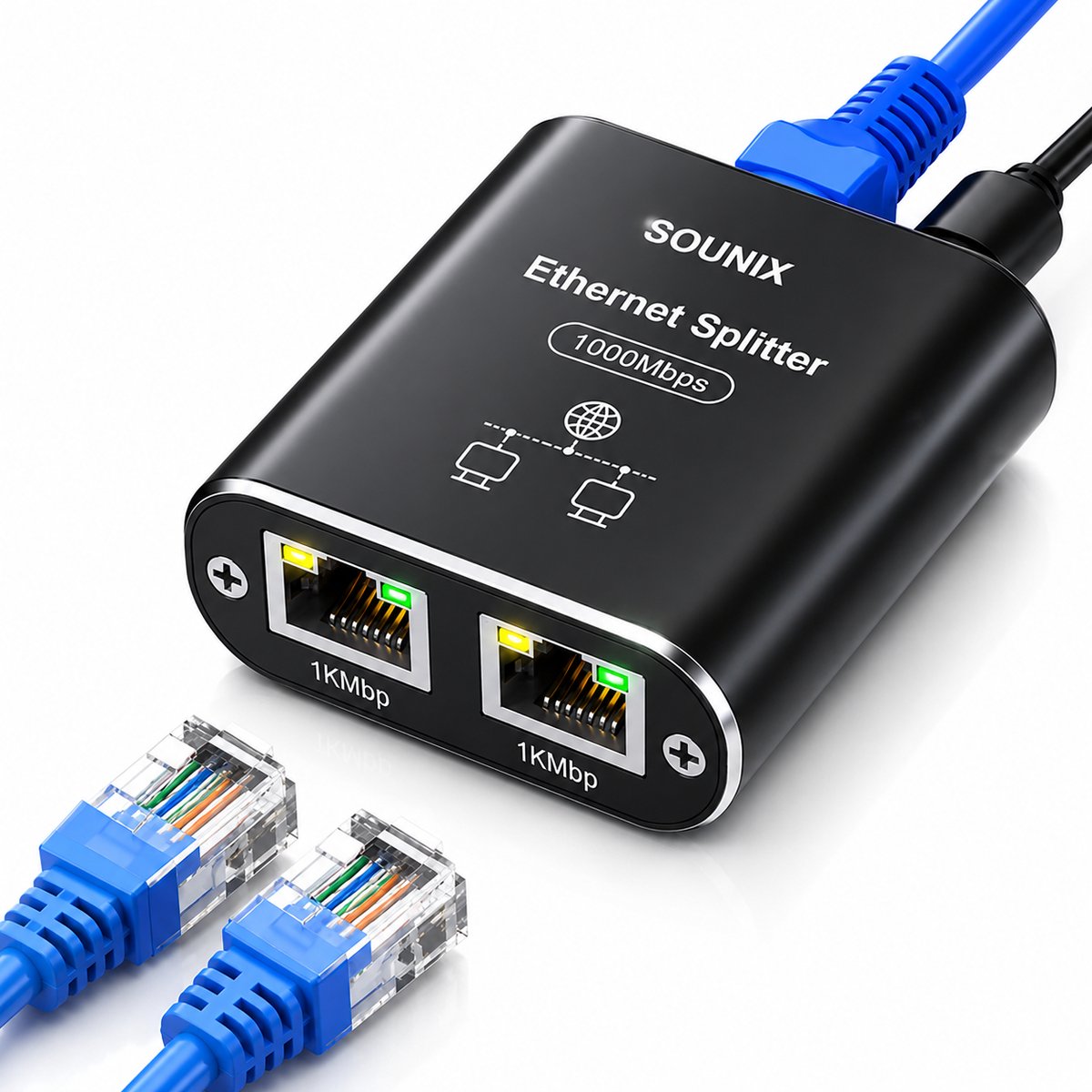 Sounix Ethernet Gigabit Netwerksplitter - 1000 Mbps Internet - Ethernet Switch Met USB-Voedingspoort - 1 Naar 2 - Netwerk splitter - Zwart