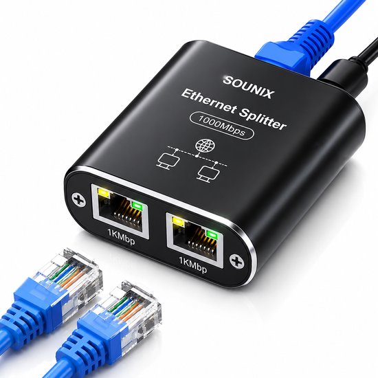 Zwarte Sounix Ethernet splitter met twee 1000 Mbps poorten en twee blauwe patchkabels. Met "Ethernet Splitter" en "1000Mbps" op de behuizing.