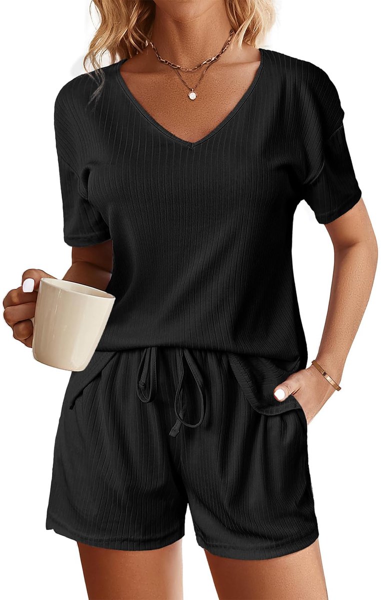 SnelShoppen - Korte jumpsuit dames 2 stuks, zomer vrijetijdspak met korte mouwen en shorts, modieus sportpak met V-hals, zwart, XL - Perfect voor thui
