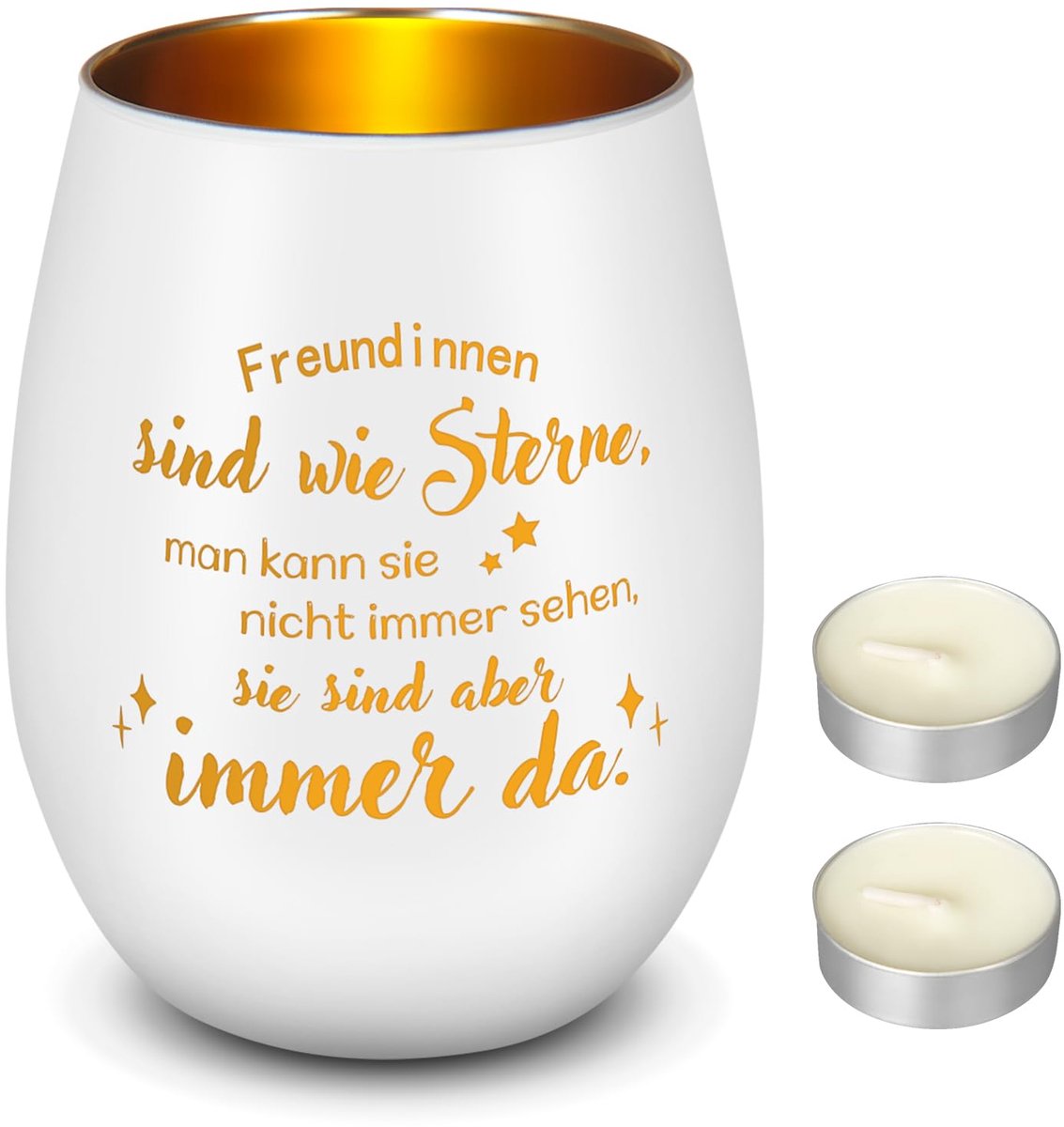 SnelShoppen - Gegraveerde Theelichthouder van Glas met 2 Witte Theelichtjes, Kaarsglas met Gravure 'Freundinnen Sind Wie Sterne', Perfect Cadeau voor