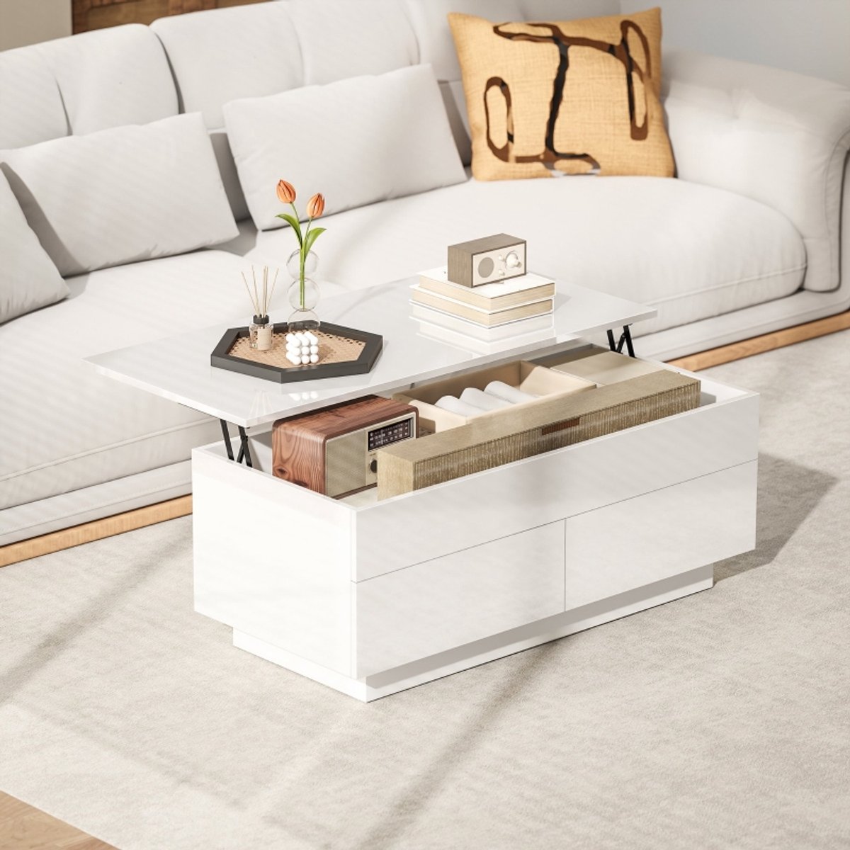 Salontafel Hoogte Verstelbaar Met Verborgen Opbergruimte En 2 Lades Voor Woonkamer Hoogglans Wit 102x48x40 Cm