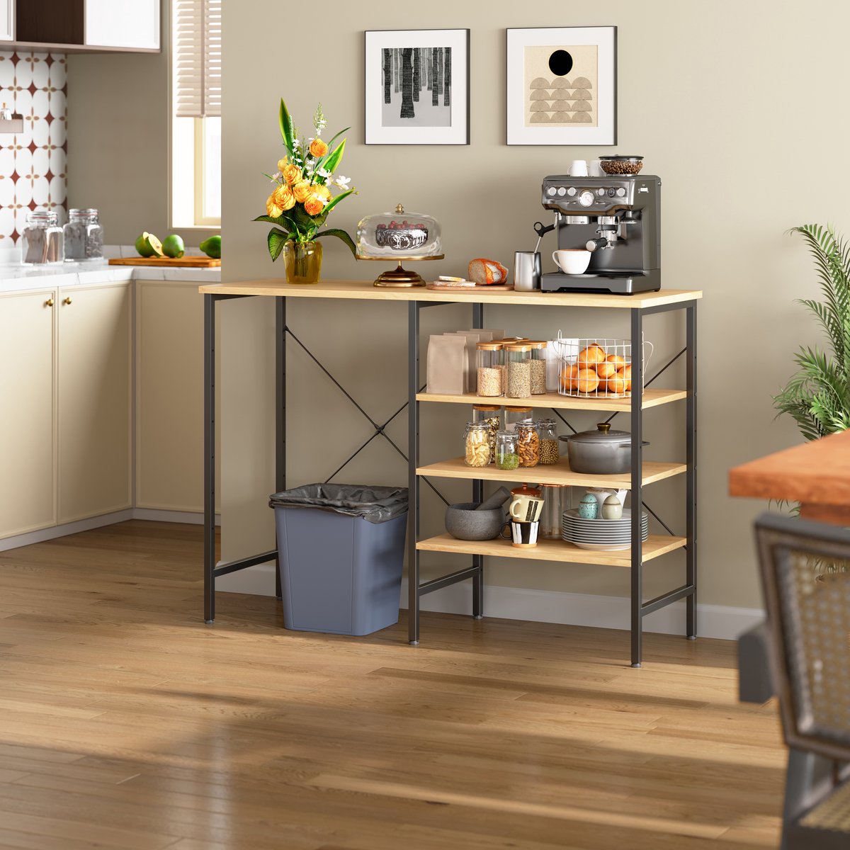 Ablagetafel Multifunctioneel – Vrij Combineerbaar – 120 x 40 x 85,5 cm – MDF En Metaal – Zwart En Naturel – Voor Keuken, Woonkamer, Kelder En Garage