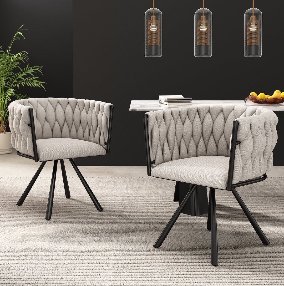 COVREO Eetkamerstoelen 59x54x72 cm beige en zwart met armleuningen en 360 graden draaibaar