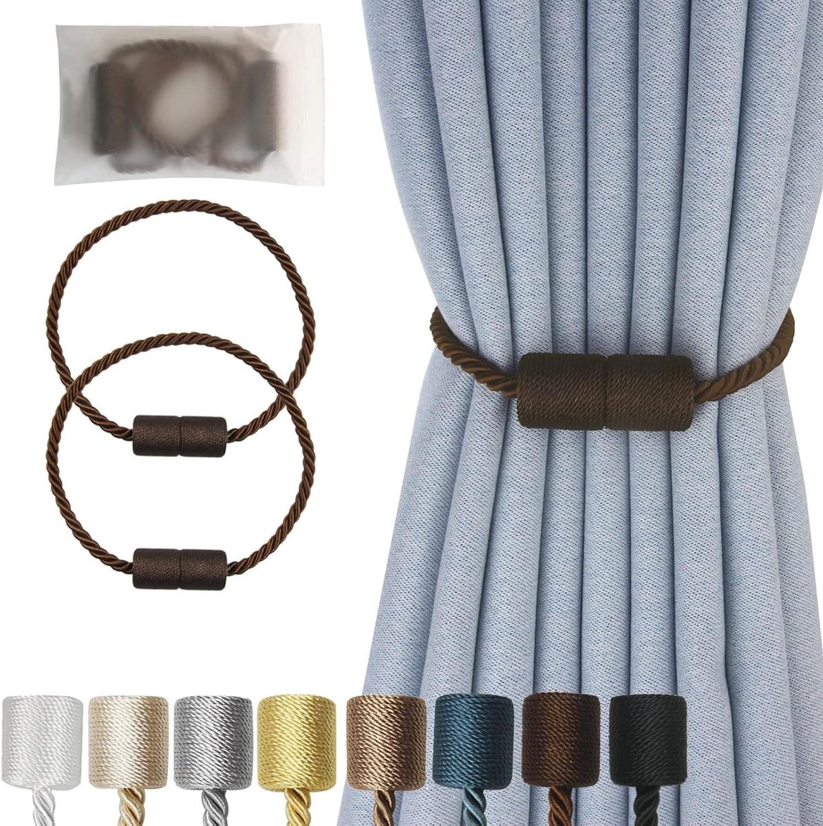 Magnetische Gordijn Tiebacks - Gordijn Houders - Gordijnen Decoreren - Verbeterde Vernikkelde Magneten - 445 cm Lengte - Koffie