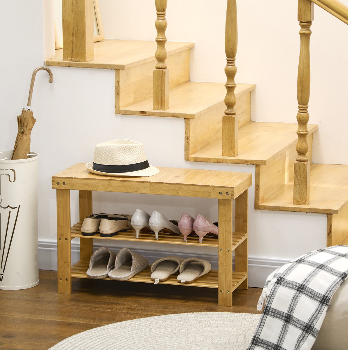 HAUSS SPOLE Bankje – Schoenenopbergruimte Met 3 Niveaus – 70 x 28 x 45 cm – Bamboe – Naturel Hout – Voor Hal Of Slaapkamer