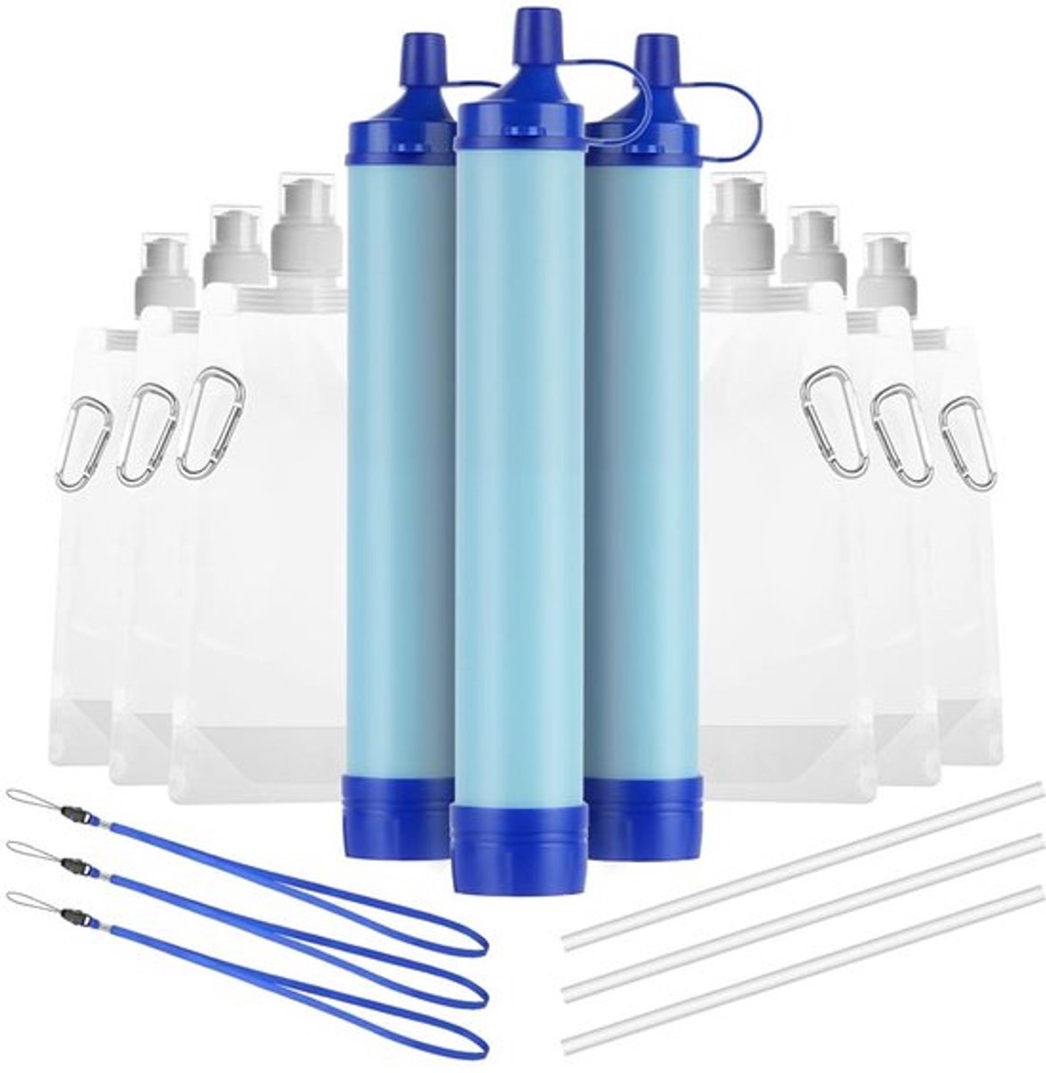 HOTUT persoonlijke waterfilter, 3 Stuks Waterfilter Voor Buiten met twee wateropslagzakken, Outdoor Camping Survival draagbare directe drinkfilter voor wandelen, kamperen, reizen en noodgevallen