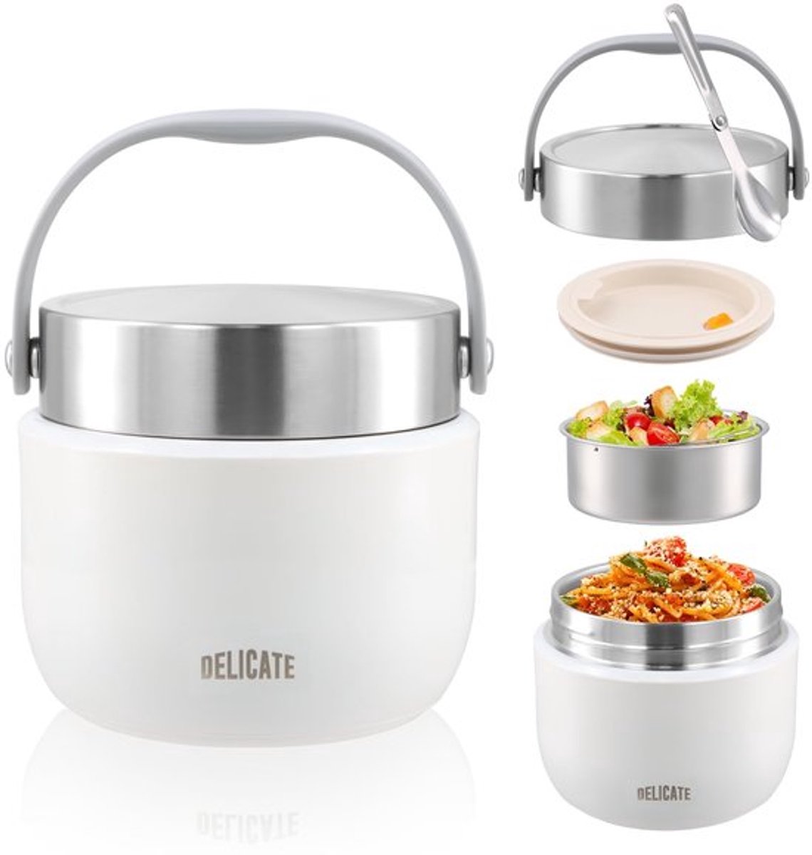 volumoon Thermocontainer voor levensmiddelen, 1200 ml, roestvrij staal, met deksel en opvouwbare lepel, warme, geïsoleerde container voor soep, school, kantoor, reizen, lekvrij (wit)