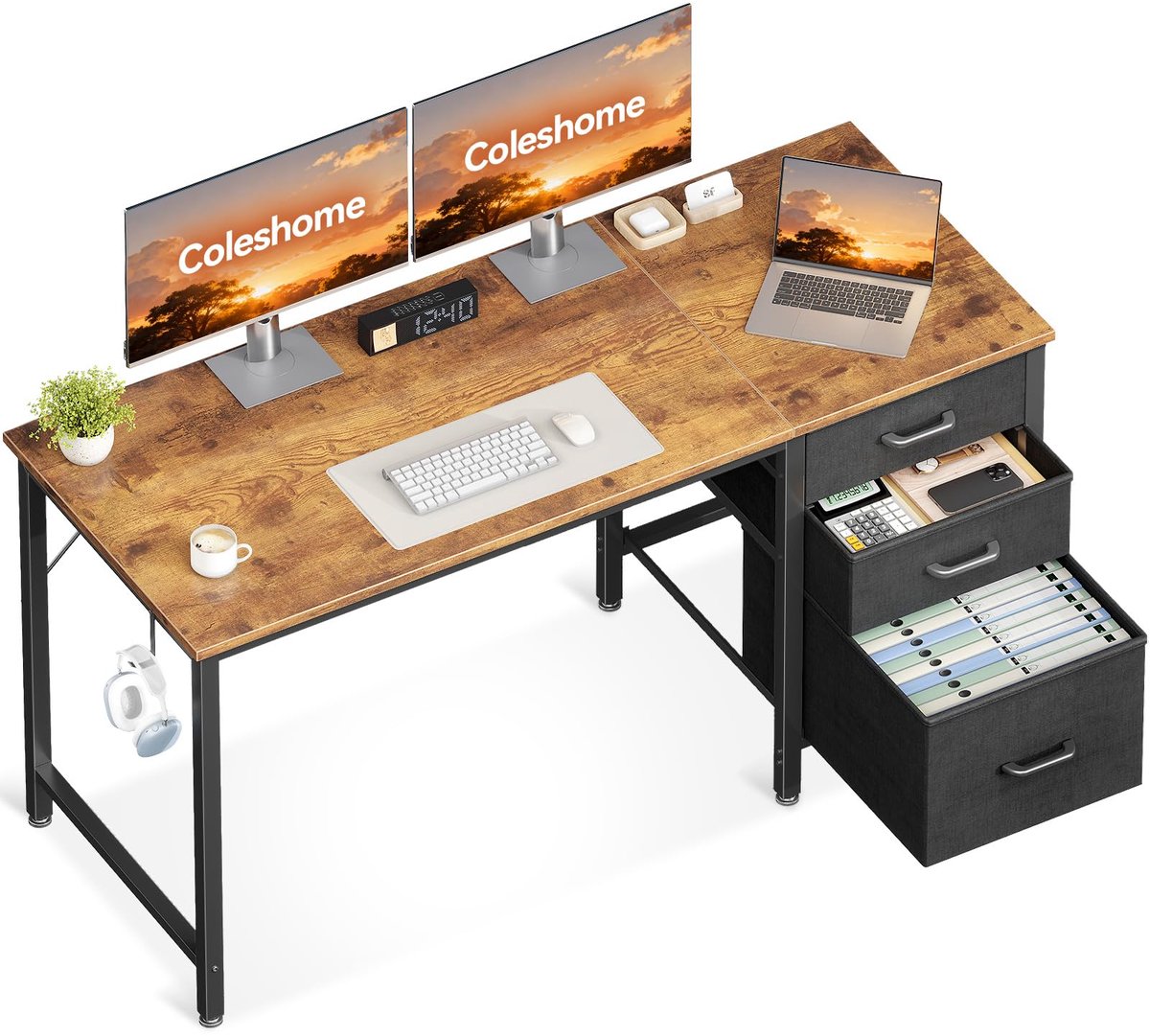 SnelShoppen - Coleshome Bureau met 3 Lades - Ruimtebesparend 120x48cm Computerbureau met Hoofdtelefoonhouder - Bruin voor Thuiskantoor en Studie