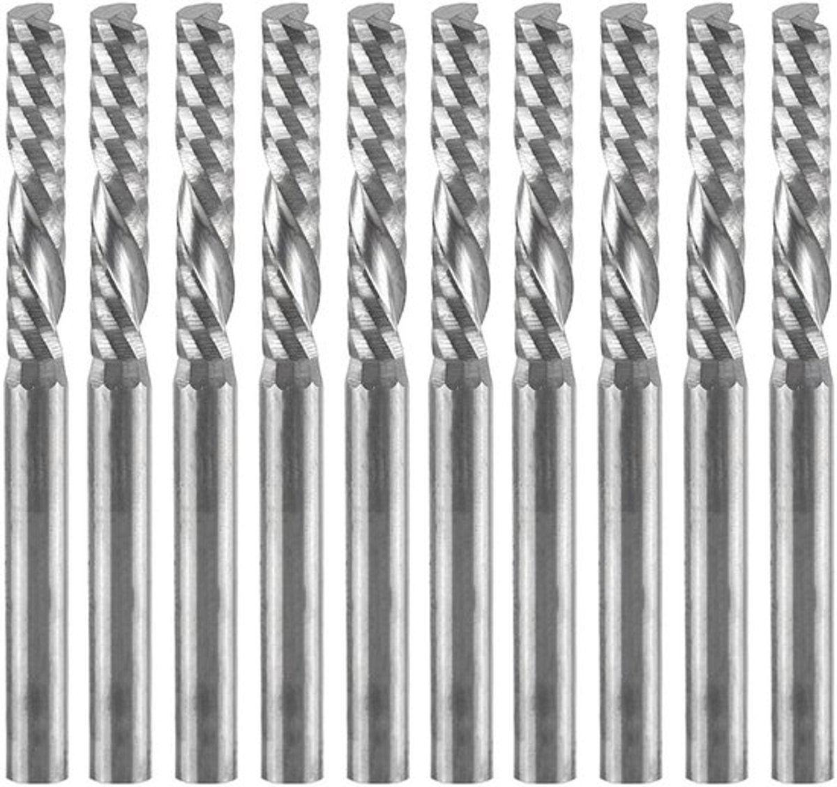 10-delige frezenset voor CNC Router, 4mm schacht, wolfraamcarbide, spiraalvormig met enkele fluit, ideaal voor acryl, PVC, MDF hout.
