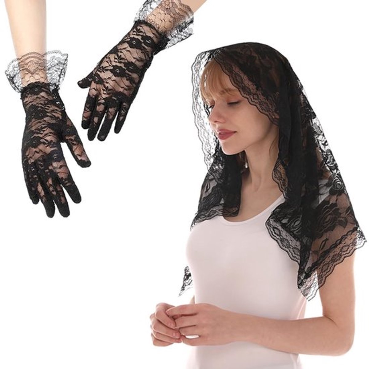 Mantilla Sluier - Elegante Hoofdbedekking - Rose Kant - Korte Handschoenen - Geschikt voor Bruiloft - Ideaal voor Prom en Avond Party