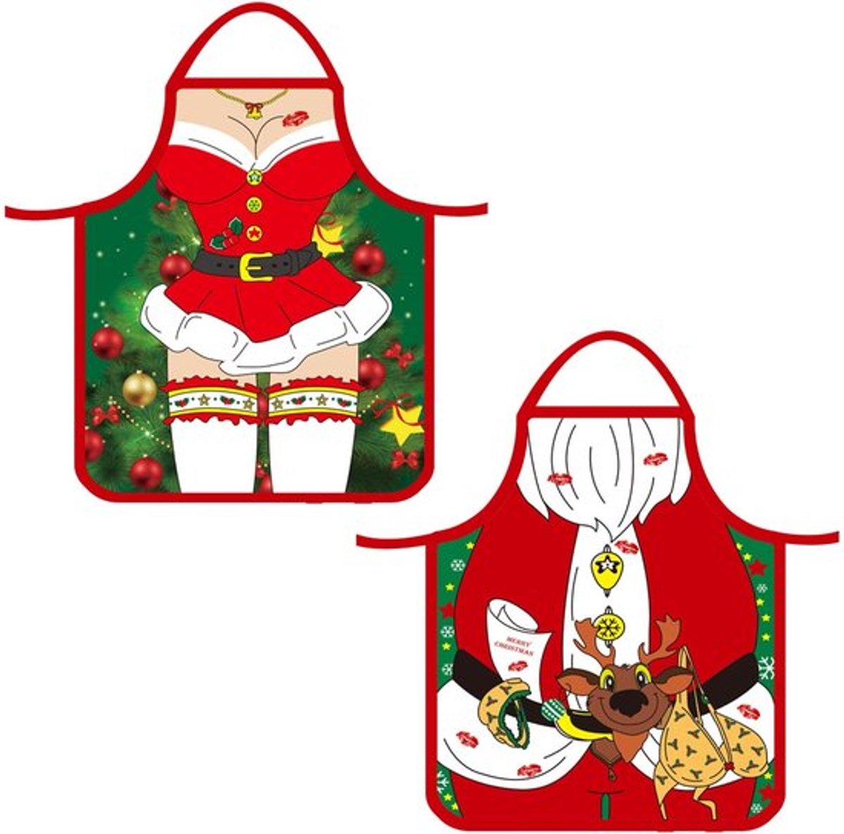 - Kerstschort - Cartoon - Perfect voor koken - Rood - Kerstschort voor volwassenen - Ideaal voor kerstfeest - Inclusief 2 stuks