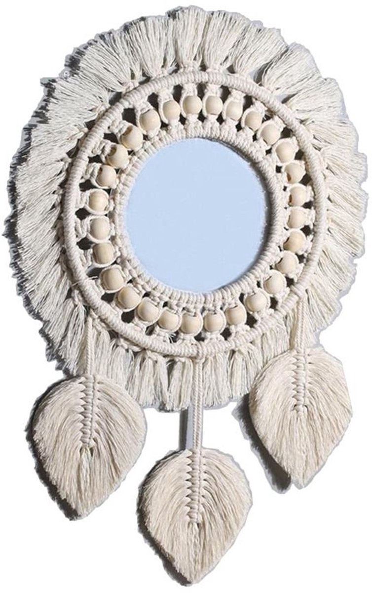 - Wandspiegel - Decoratieve Spiegel - Ronde Vorm - Macramé-Franjes - Woondecoratie - Geschikt voor Woonkamer en Slaapkamer