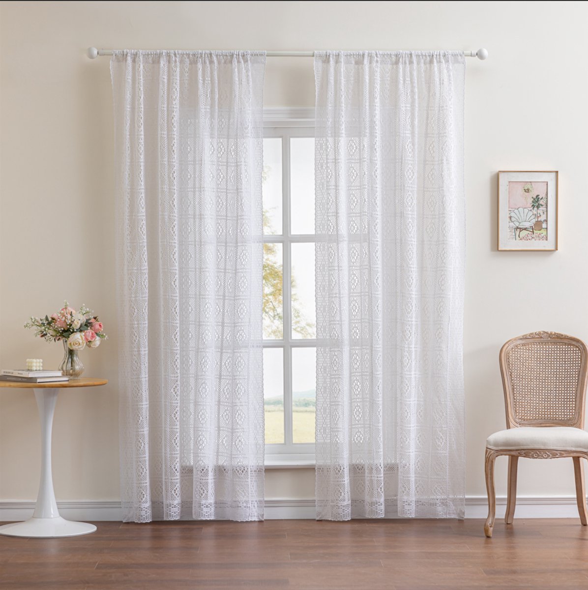 Rustieke gehaakte gordijnen voor de woonkamer Boerderij Hol gebreide kanten gordijnpanelen voor de slaapkamer Gordijnroede Boho-raamgordijnen voor de deuropening, wit,roedezakken,140x255m