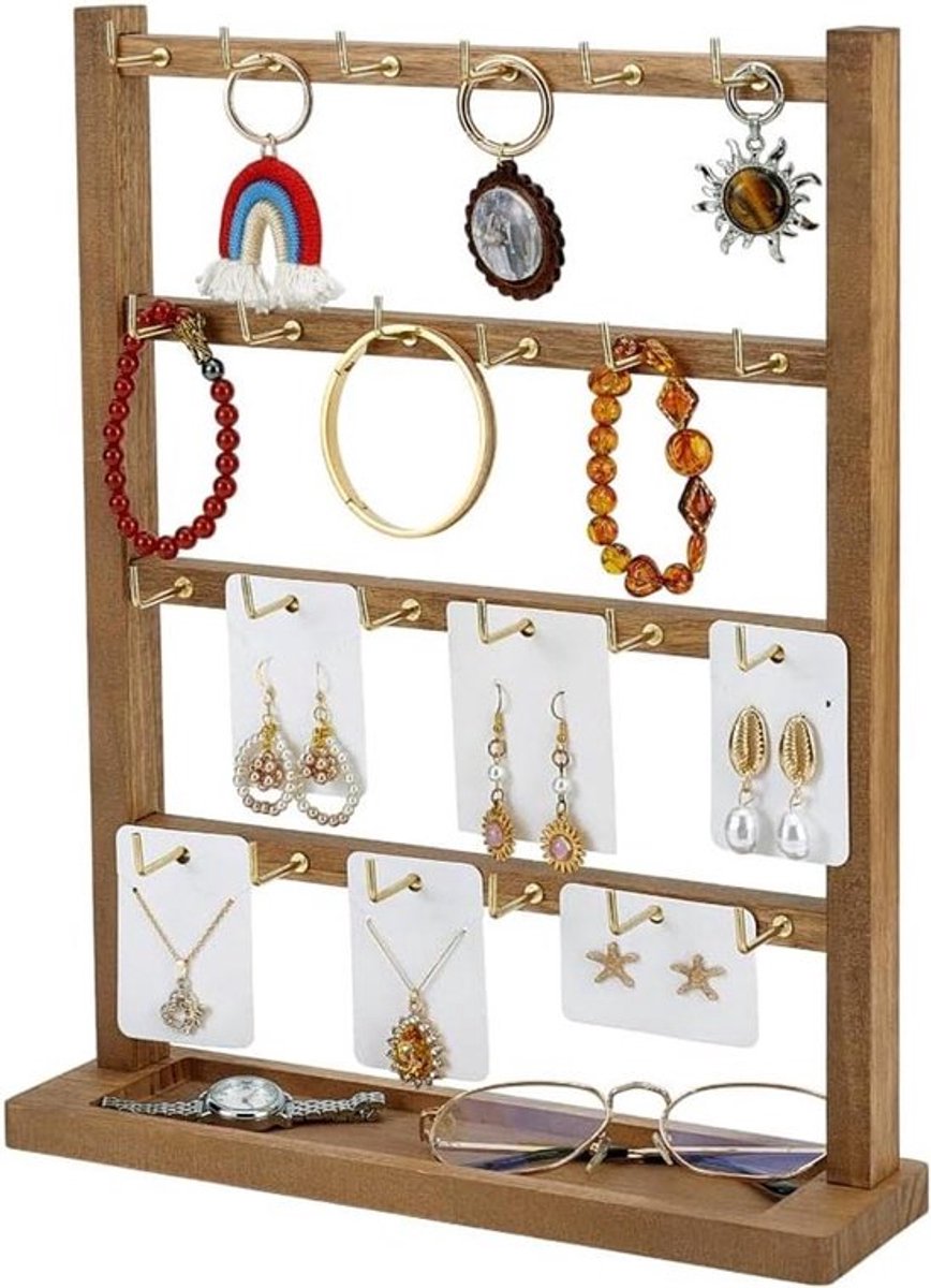 Sieraden Display Stand voor Leveranciers | Houten Organizer Rack met 24 Haken | 4 Niveaus | Oorbel Kaarten Kettingen Armbanden | Walnoot.