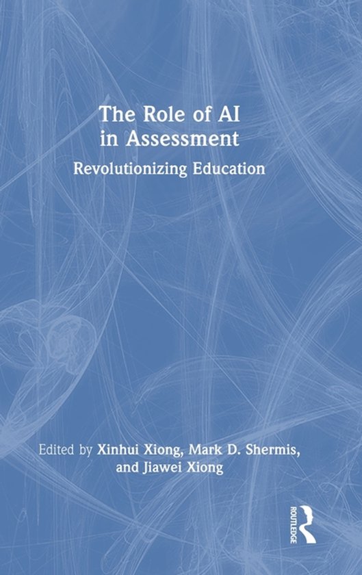 Boek "The Role of AI in Assessment" met de ondertitel "Revolutionizing Education". Bladzijde met blauw abstract patroon.
