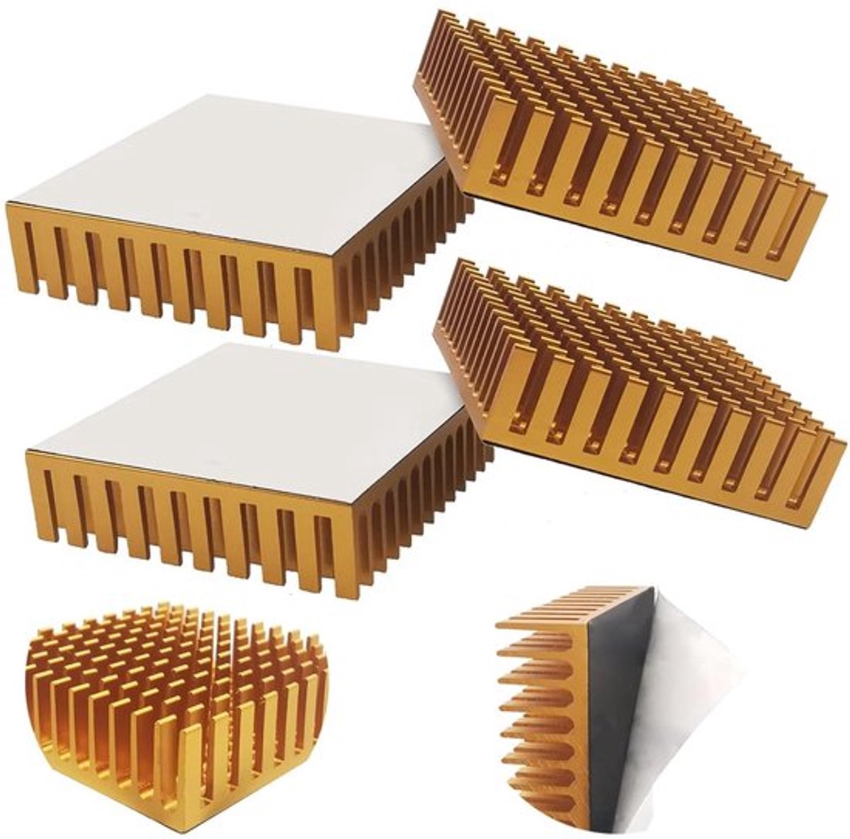 Aluminium heatsinks (4 stuks) voor computerhosts en 3D-printers, gouden koellichamen met 3M-plakband, L 40 mm x B 40 mm x H 11 mm.