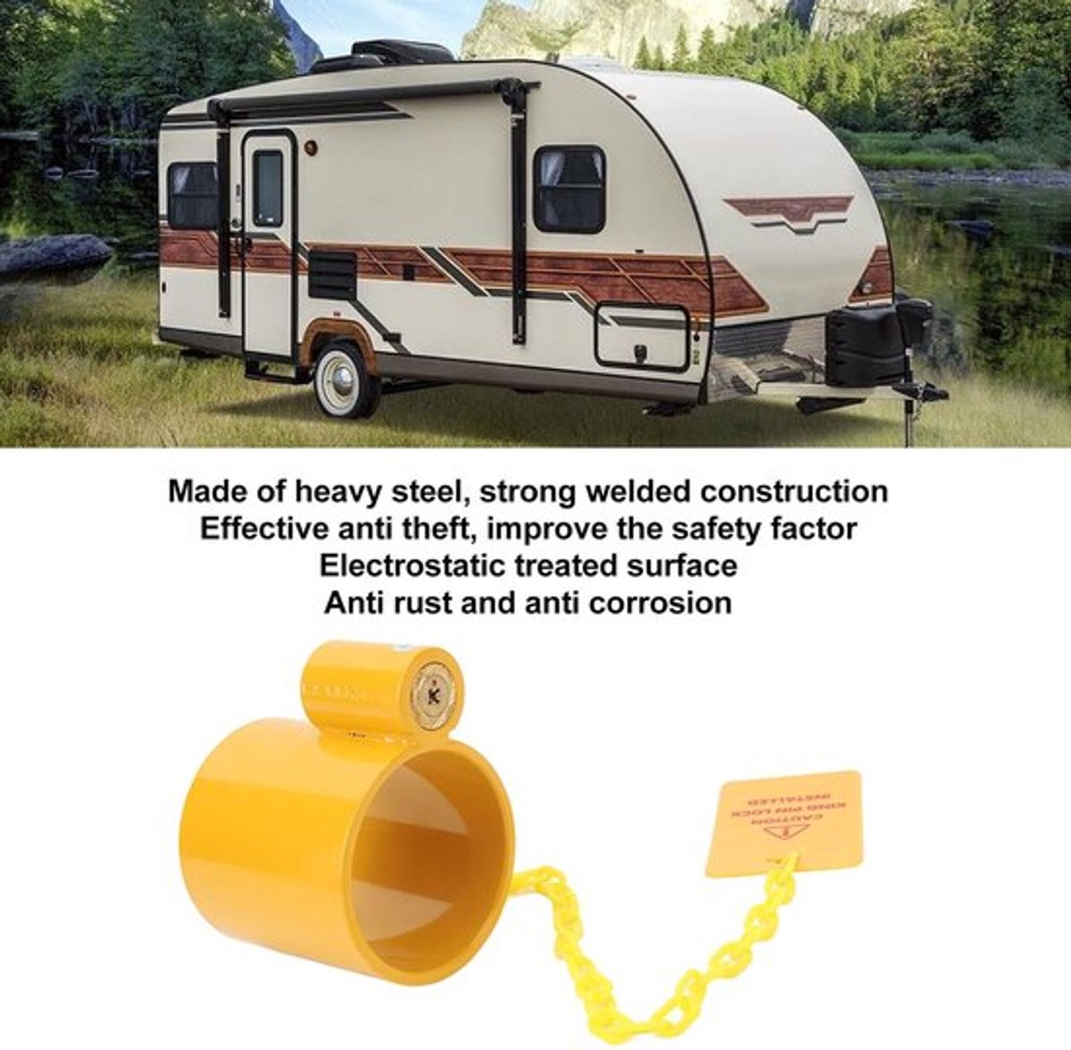 Wielslot Stalen Constructie - Diefstalbeveiliging - Trailer Kingpin Slot - Roestbestendig - Geel Waarschuwingslabel - Zware Staalkwaliteit - Trailerlock