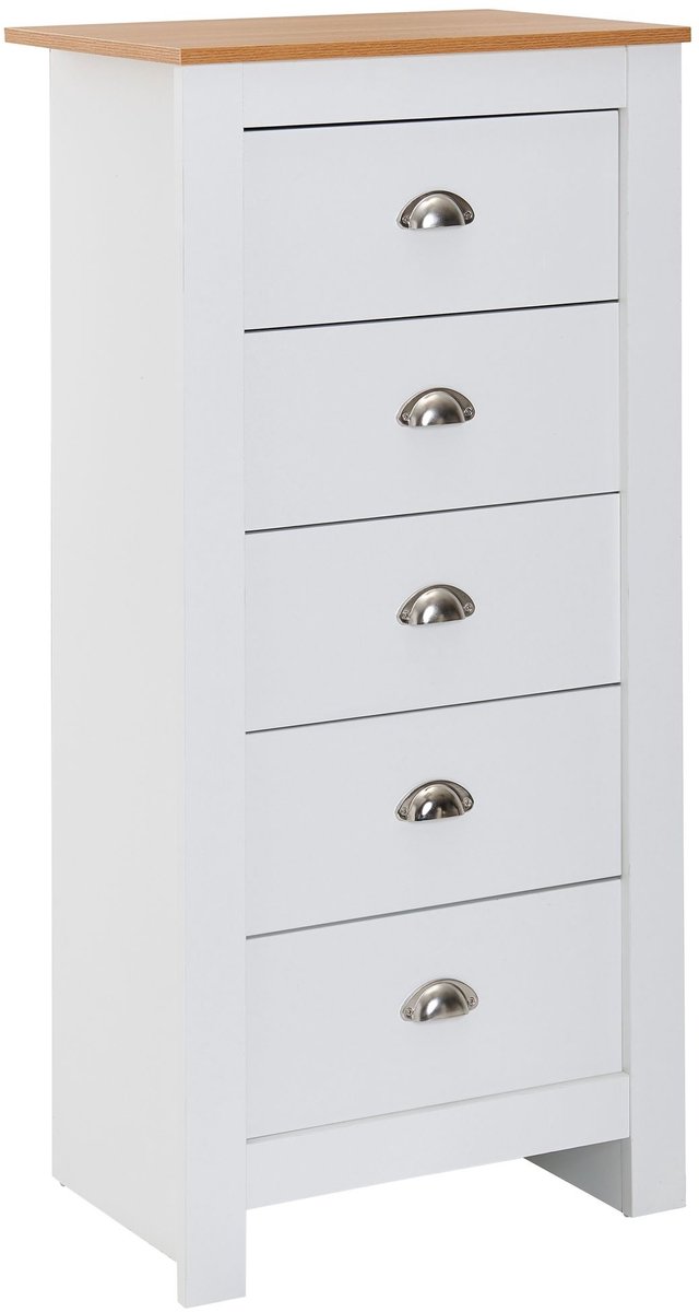 dressoir met 5 lades 53x114x39 cm ladekast wit / eiken modern | Design dressoir hoog smal | Commode woonkamer