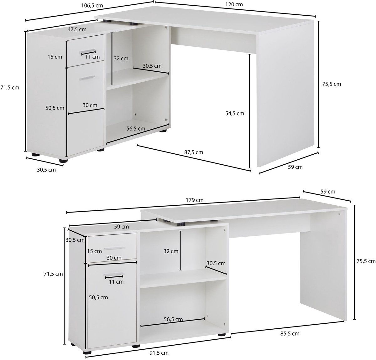 Bureau hoekmodel wit 120x75x107 cm