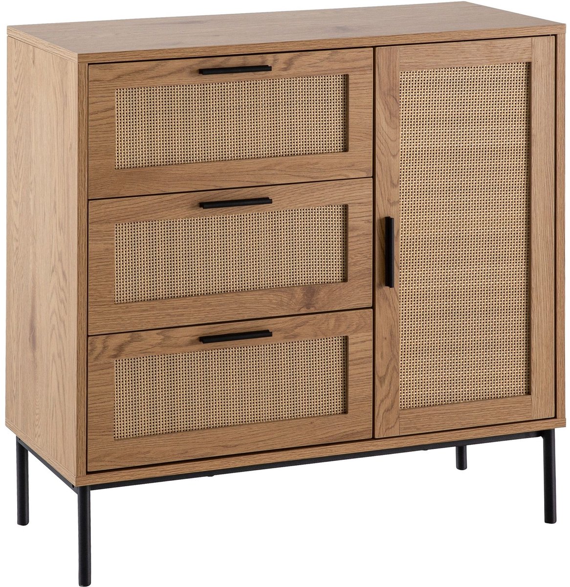 ladekast 80x82x36 cm hal ladekast eiken decor & rotan, dressoir met drie laden en deur, ladekast modern, staande kast dressoir ladekast