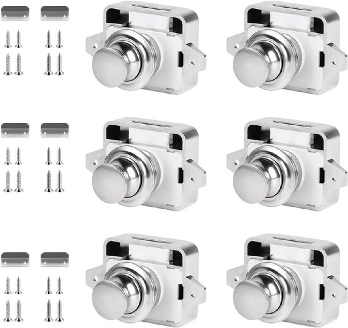 Metalen Push Lock-slot voor camperkast - Sleutelloos - Drukknopslot - Zilveren knop - Catch Lock - Sleutelkast voor caravan, bestelwagen, jacht - 6 stuks