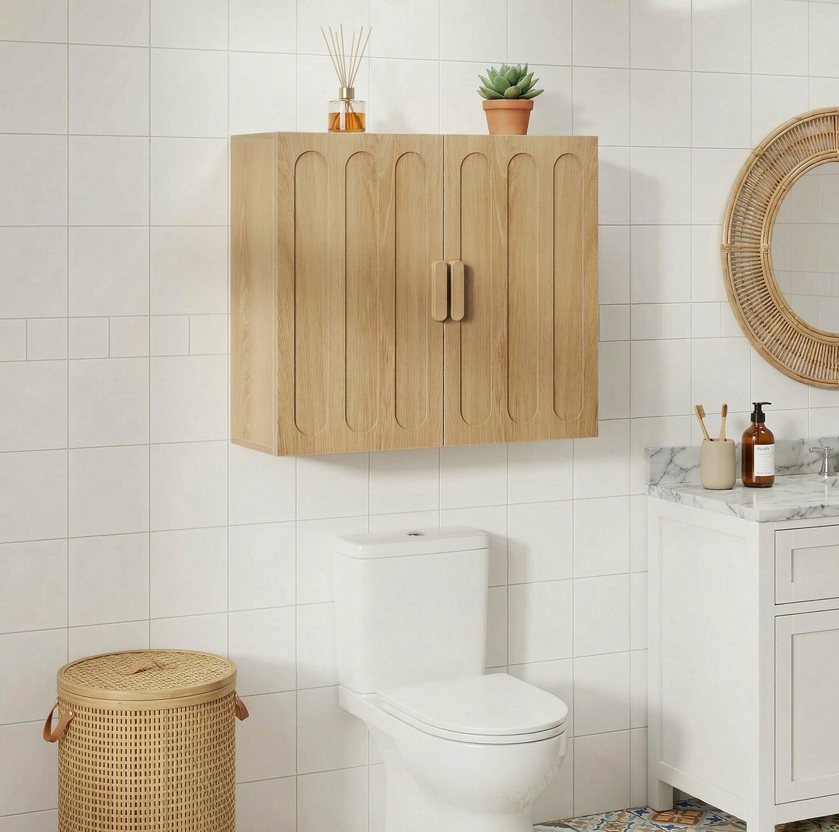 Badkamerkast - Wandkast Met Verstelbare Planken En Dubbele Deuren - Ruimtebesparend Voor B