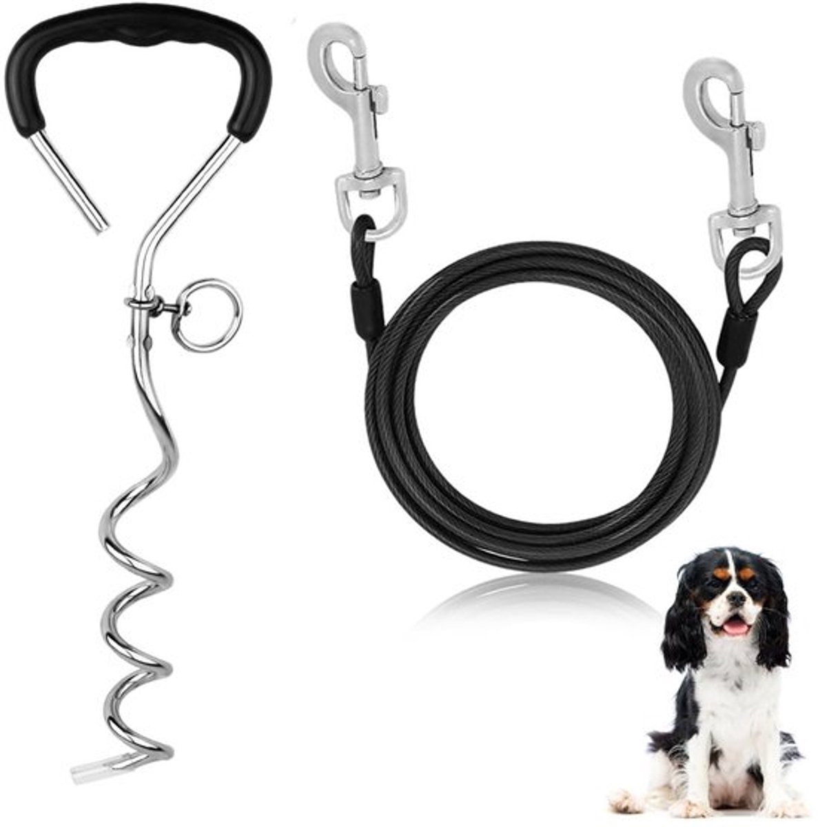 - Grondanker voor Honden - Robuust en Veilig - Zwart en Zilver - Geschikt voor Grote Honden - Inclusief 3m Recall Lead - Perfect voor Tuinen