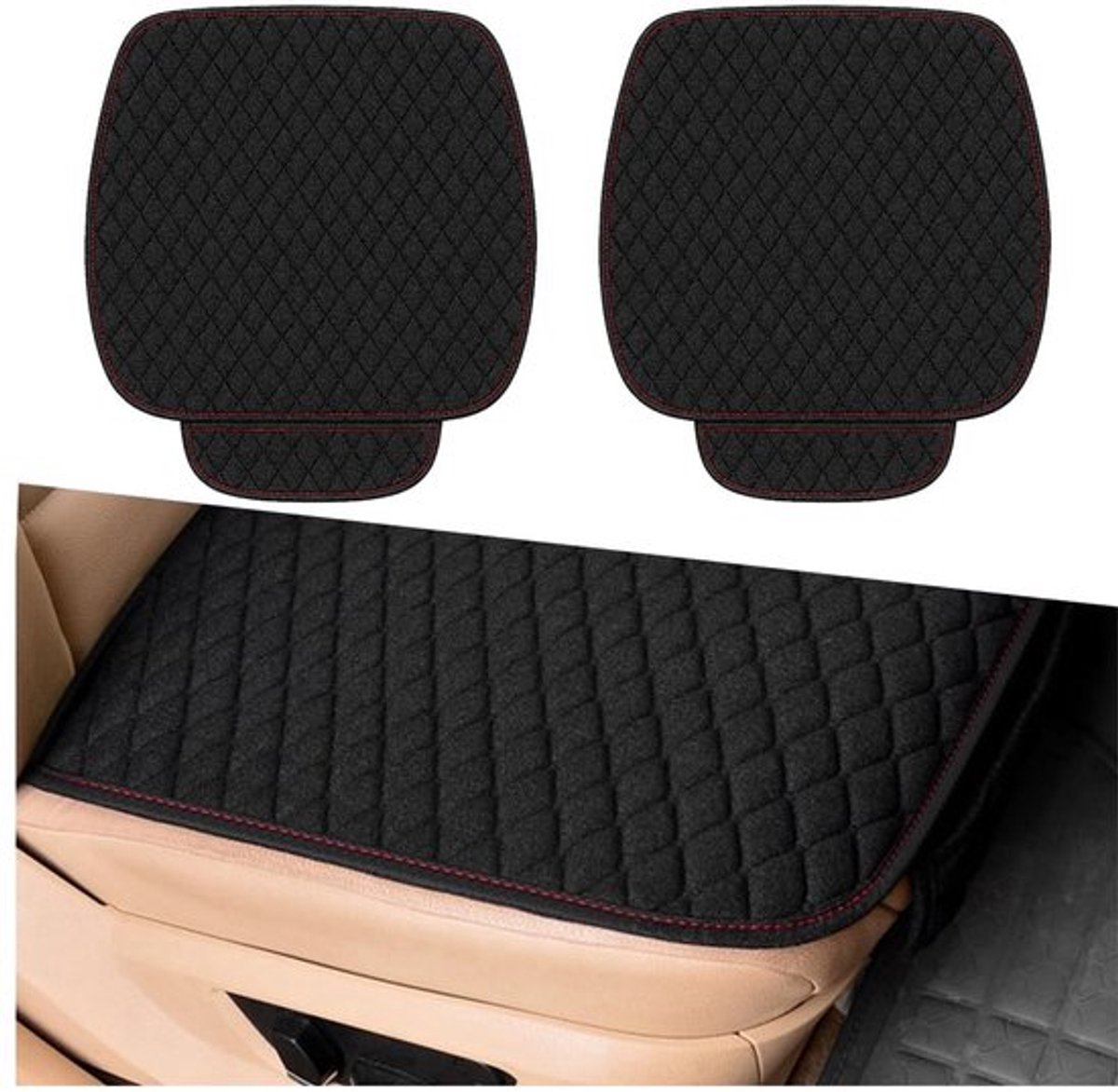 Autostoelhoezen 2 stuks - Universeel - Antislip Kussen - Zwart - Ademend Linnen - 50 x 47 cm - Zitkussen