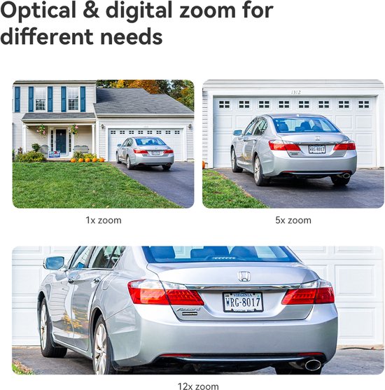 Vergelijking van 1x, 5x en 12x zoom van een zilveren auto voor een garage, met de tekst 'Optical & digital zoom for different needs'.
