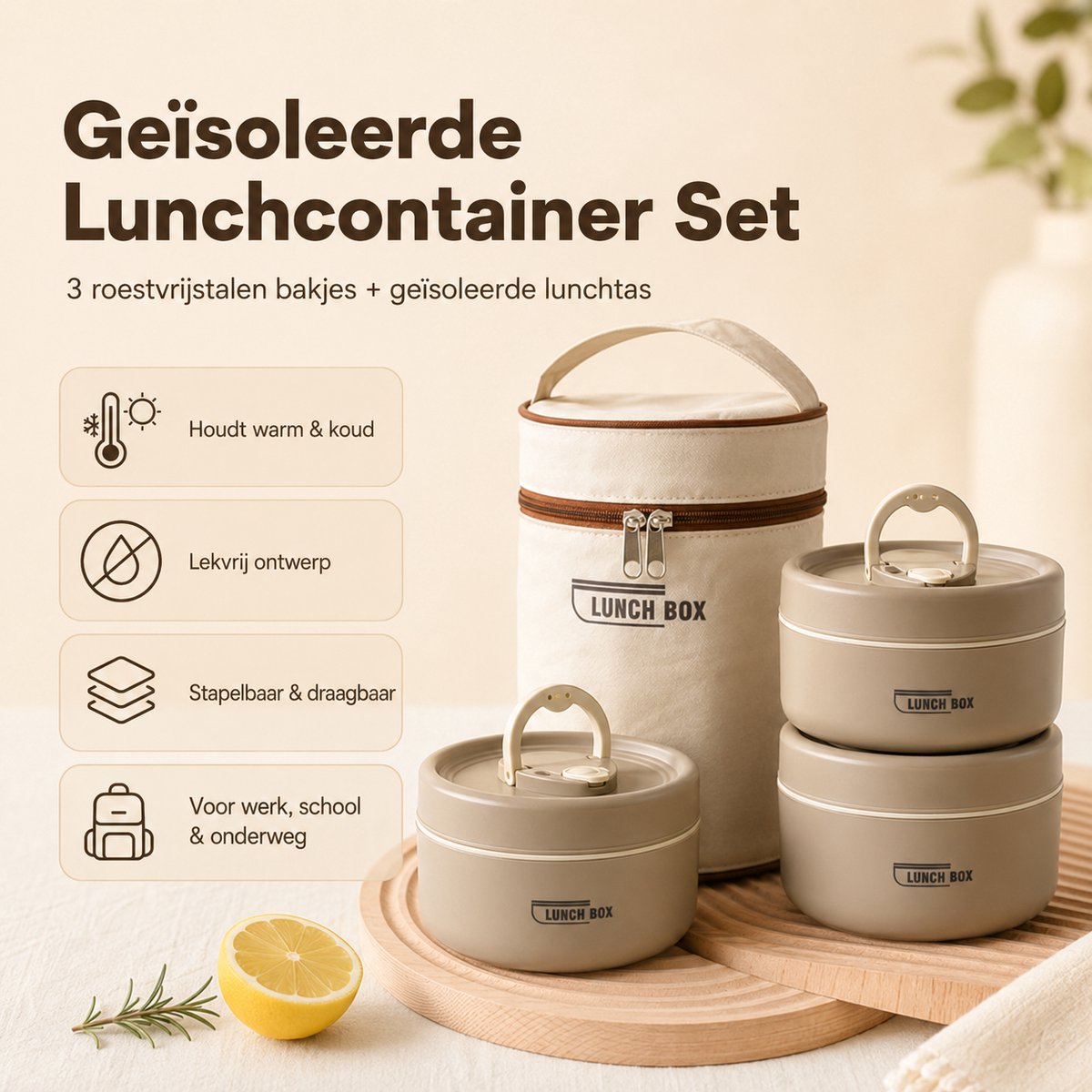 Bobypet - Bento Lunchbox Set met Bestek en Geïsoleerde Tas – 3 Stapelbare RVS Bakjes 1480 ml – Lekvrij en Vaatwasserbestendig – Voor Werk en School — cadeau in Koken & Dineren - foto 7