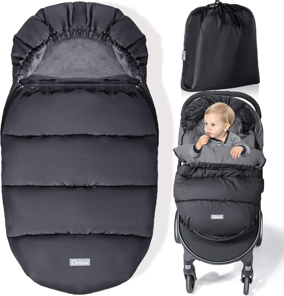 SnelShoppen - Voetenzak voor Kinderwagens, Waterdicht, Verstelbare Kap, Polar Fleece Voering, Machine Wasbaar, Verwijderbare Voeringen, Zwart, Perfect