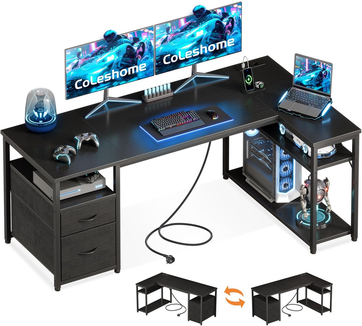SnelShoppen - L-vormig Hoekbureau met Laden, Omkeerbare Plank, Stopcontacten en USB-poorten voor Thuiswerken en Gamen - Zwart 160x80cm