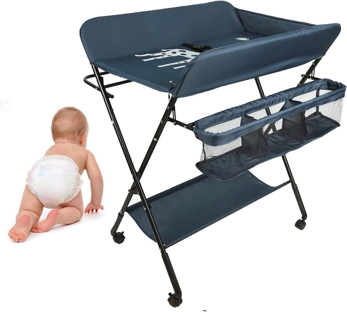 Baby Verschoontafel - Commode Tafel - Babyverzorging - Inklapbaar en Verstelbaar - 98 cm - Donkerblauw