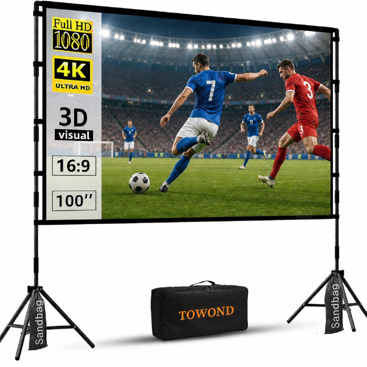 SnelShoppen - Projectiescherm 100 inch Draagbaar Outdoor 16:9 4K HD Filmscherm met Standaard en Draagtas voor Tuin, Camping, Feest en Home Theater