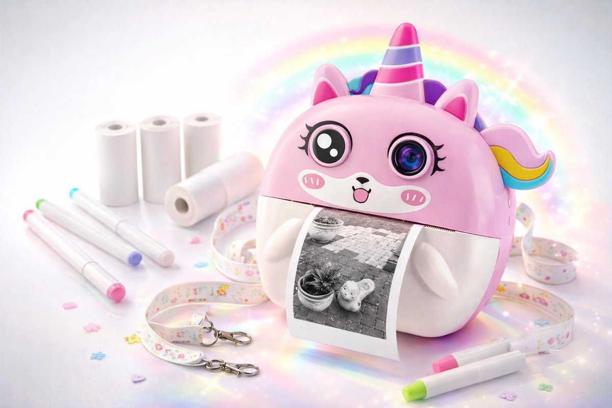 Litalife® Kinder Instant Camera met Printer - Eenhoorn Design - Direct Foto's Printen - Inclusief 3 Printrollen, Stiften & Nekkoord - Kindercamera Roze - Cadeau Meisjes