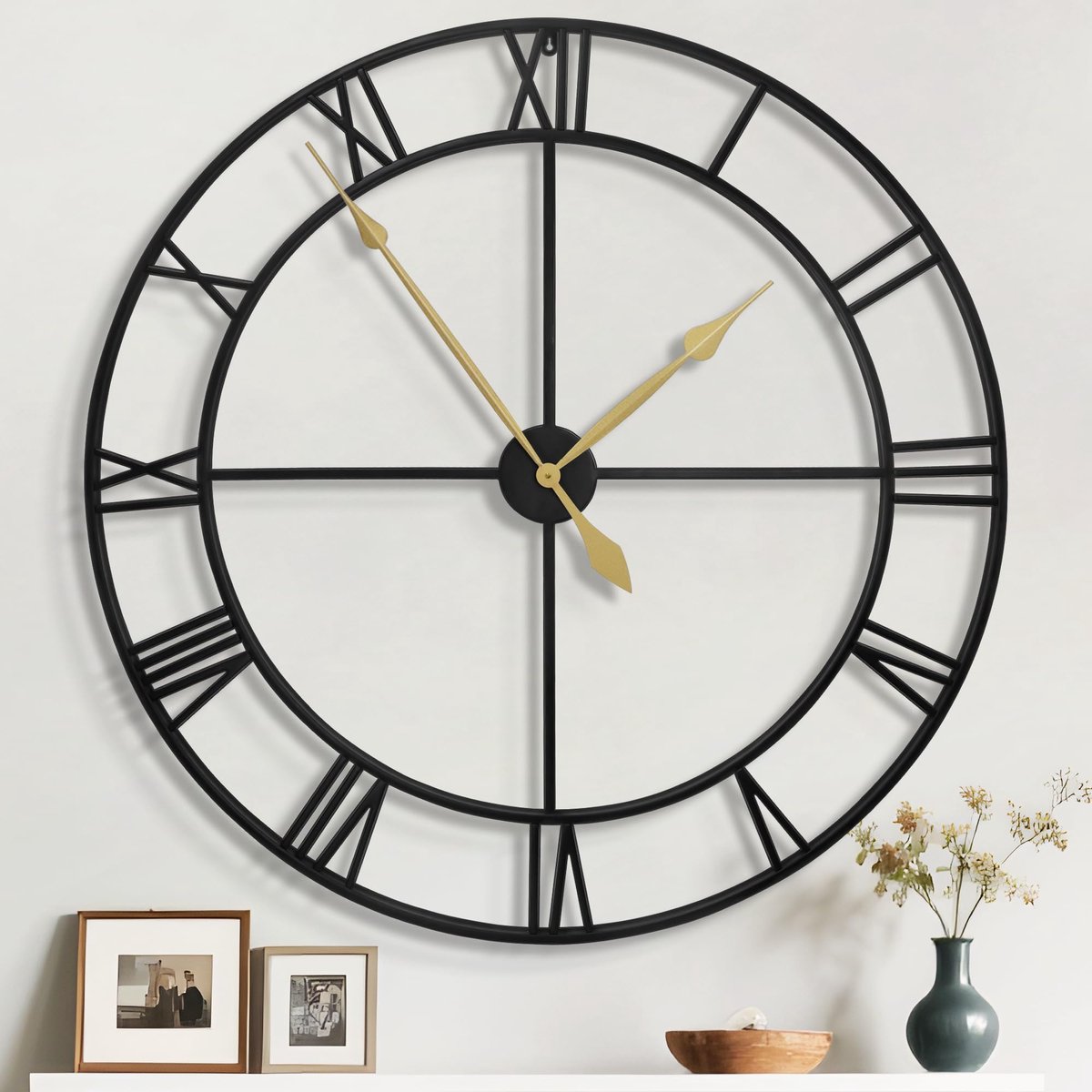 SnelShoppen - Vintage Wandklok 80 cm - Stille Metalen Klok met Houten Wijzerplaat - XXL Wanddecoratie voor Woonkamer, Slaapkamer, Keuken en Kantoor in