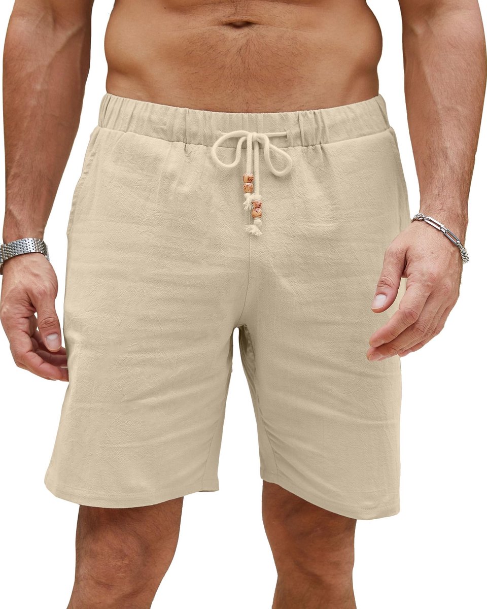 SnelShoppen - Lichte Zomershorts Heren, Kaki Linnen Bermuda's met Zakken, M-3XL, Ideaal voor Vakantie, Strand en Casual Gebruik