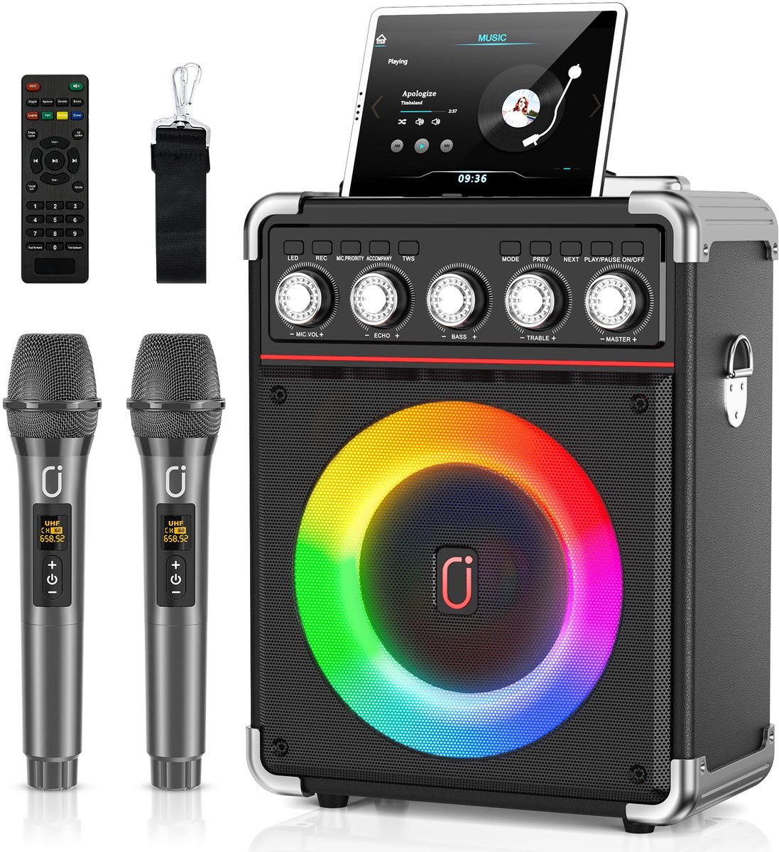 SnelShoppen - Professionele Karaoke Set met 2 Microfoons - Draagbare Karaoke Luidspreker met Bluetooth, USB, TF, AUX, TWS en LED-lampen voor Feest, Ca