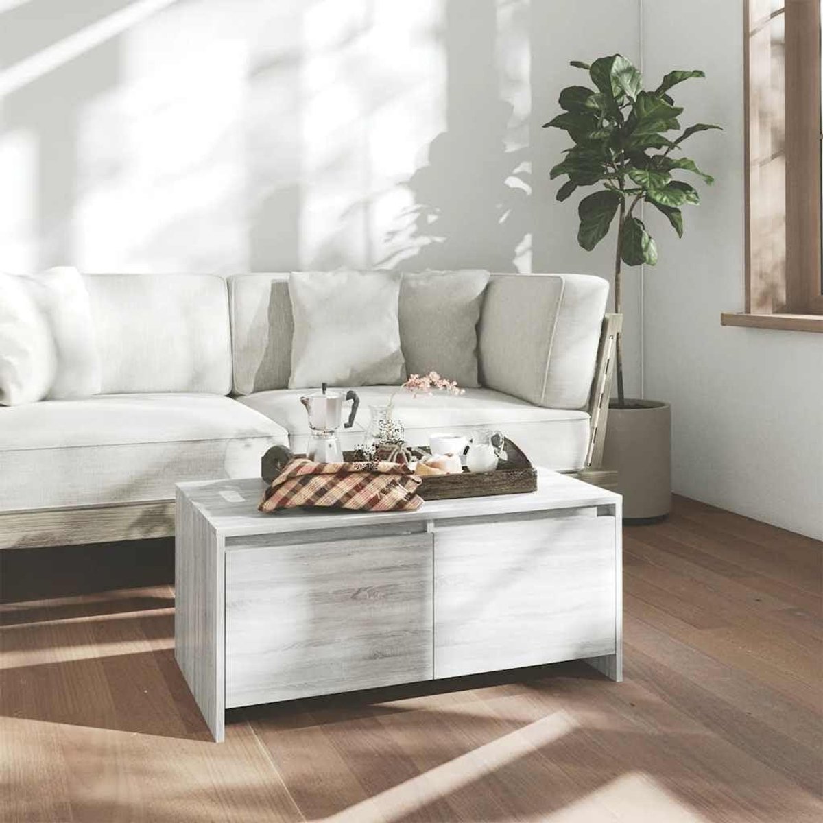 Salontafel met laden - Houten bijzettafel - Woonkamer opbergen - Robuuste constructie - 90 x 50 cm - Grijs